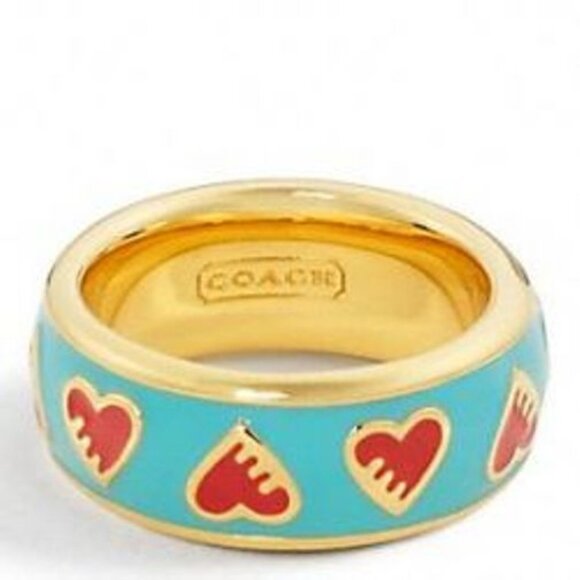 Coach Blue and Red Heart Band Ring 95538 Size 8 - Picture 1 of 5